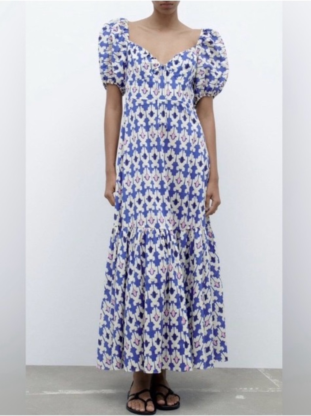 Graphic 100% Cotton Blue & Pink Patterned Puff-Sleeve Maxi Dress | Zara - Picture 1 of 15